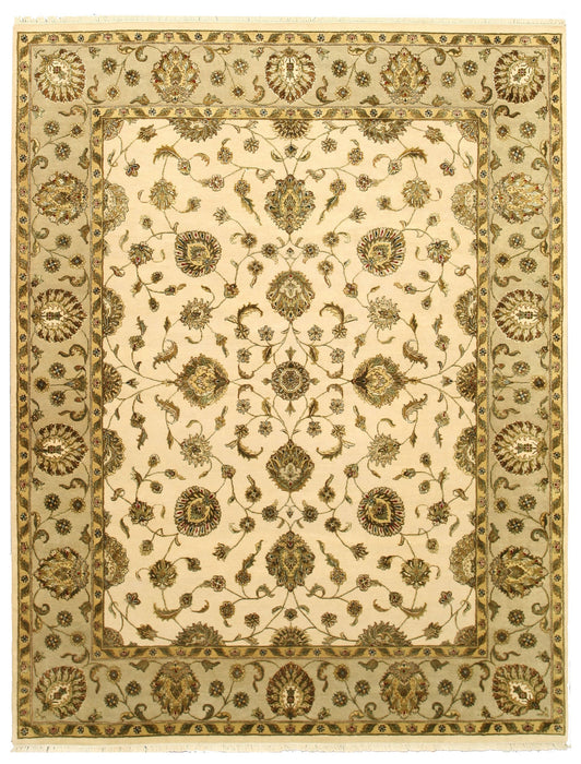 EORC Hand-knotted Wool & Silk Beige Traditional Oriental Flower Jaipur Rug