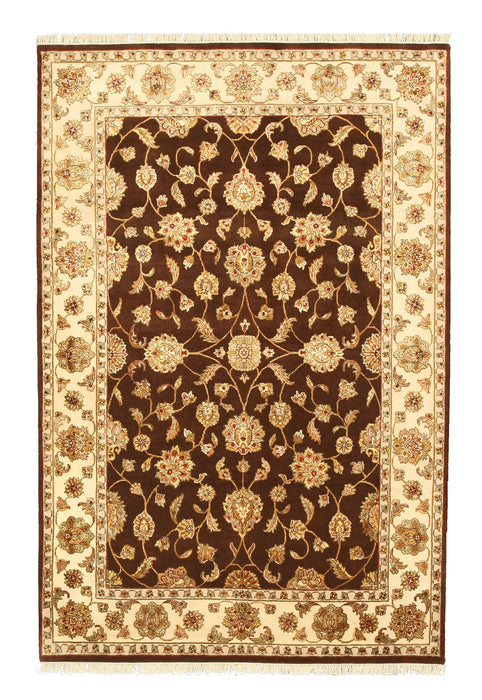 EORC Hand-knotted Wool & Silk Brown Traditional Oriental Flower Jaipur Rug