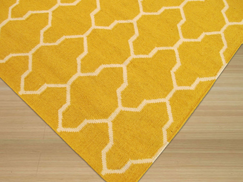 EORC Handmade Wool Yellow Transitional Trellis Reversible Modern Moroccan Kilim Rug