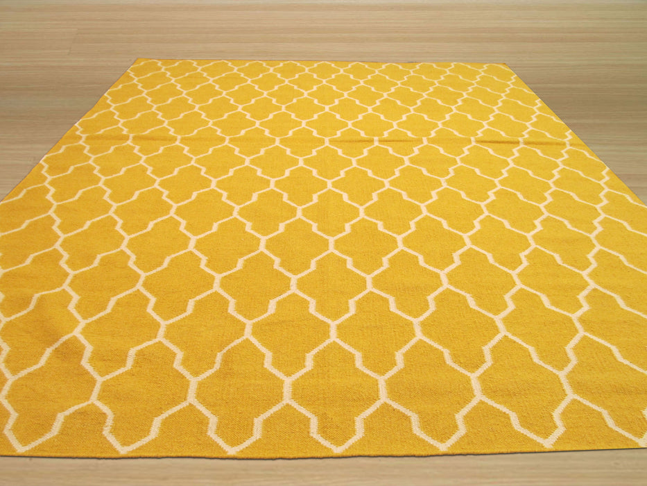 EORC Handmade Wool Yellow Transitional Trellis Reversible Modern Moroccan Kilim Rug