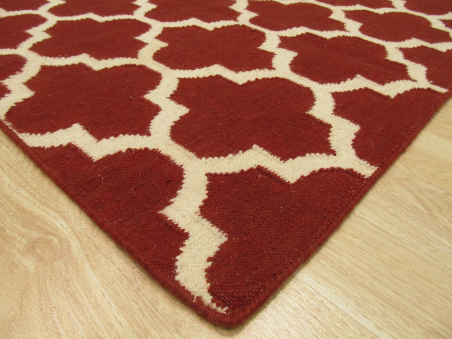 EORC Handmade Wool Red Contemporary Trellis Flatweave Revesible Moroccan Rug