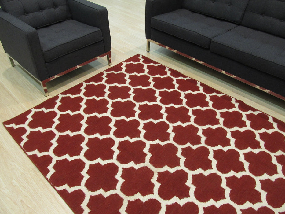 EORC Handmade Wool Red Contemporary Trellis Flatweave Revesible Moroccan Rug