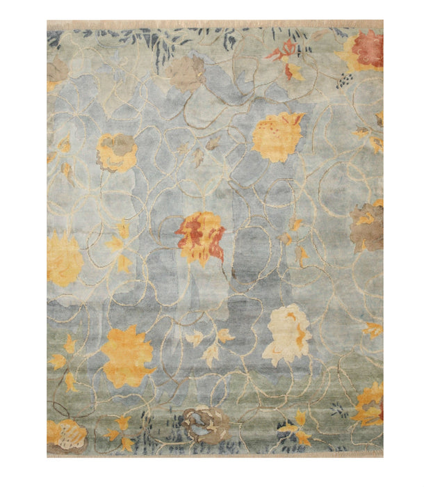 EORC Hand-knotted Wool & Viscose Blue Contemporary Abstract Art Rug