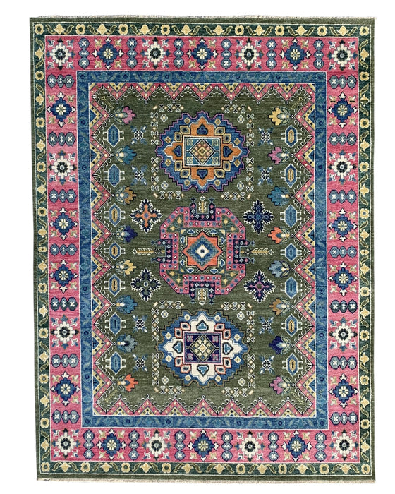 EORC Green/Light Fushia Hand Knotted Wool Mahal Rug