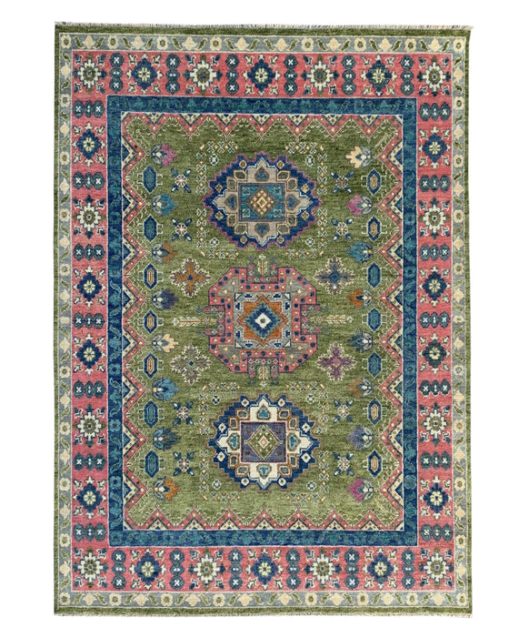 EORC Green/Light Fushia Hand Knotted Wool Kazak Collection Rug