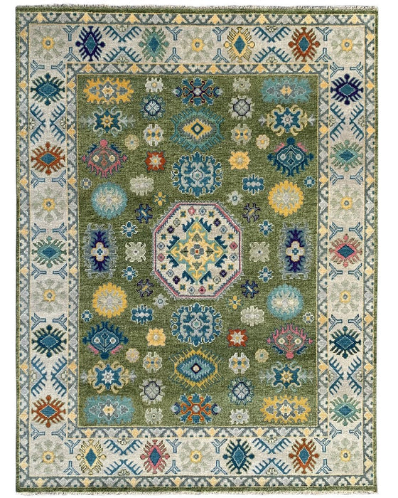 EORC Light Green/Beige Hand Knotted Wool Kazak Collection Rug