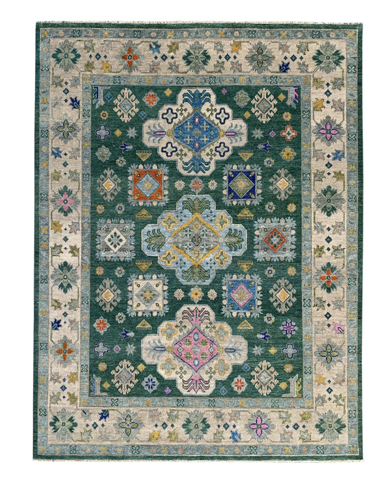 EORC Dark Green/Beige Hand Knotted Wool Kazak Collection Rug