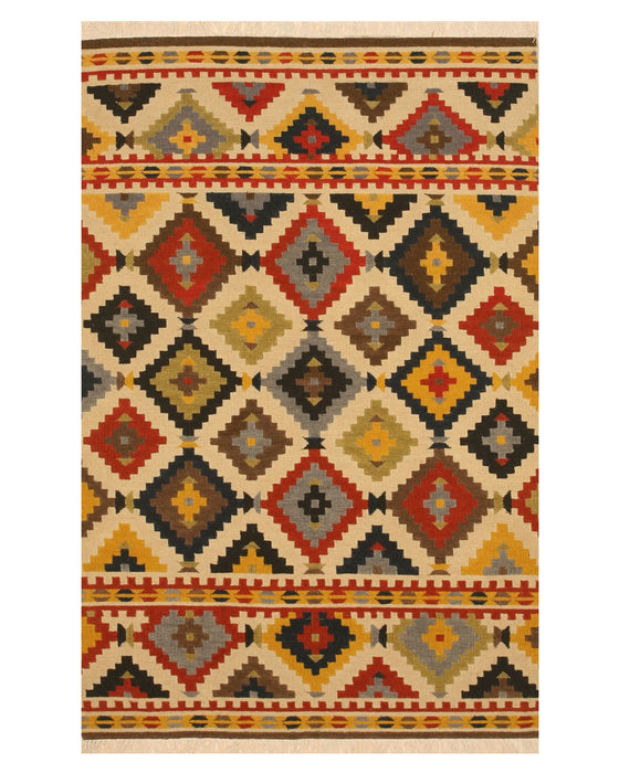 EORC Handwoven Wool Ivory Traditional Geometric Kilim Rug