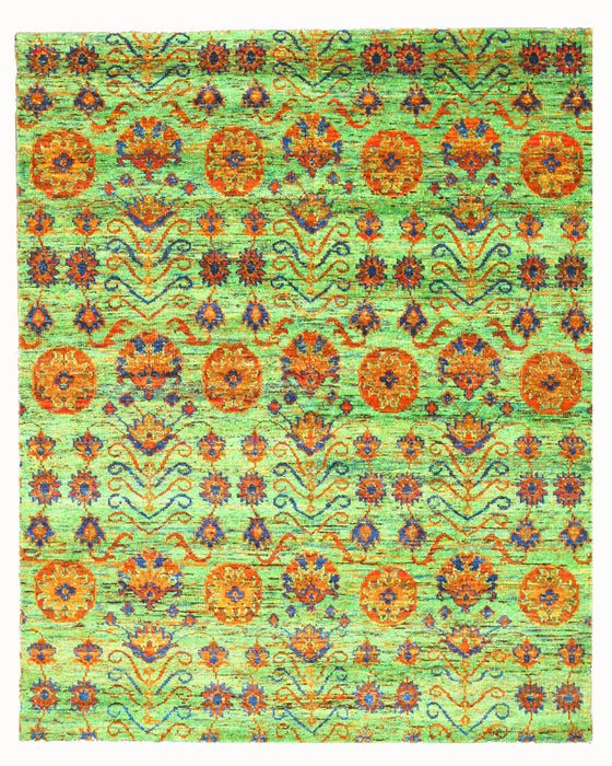 EORC Hand-knotted SARI-SILK Green Transitional Oriental Kotan Rug