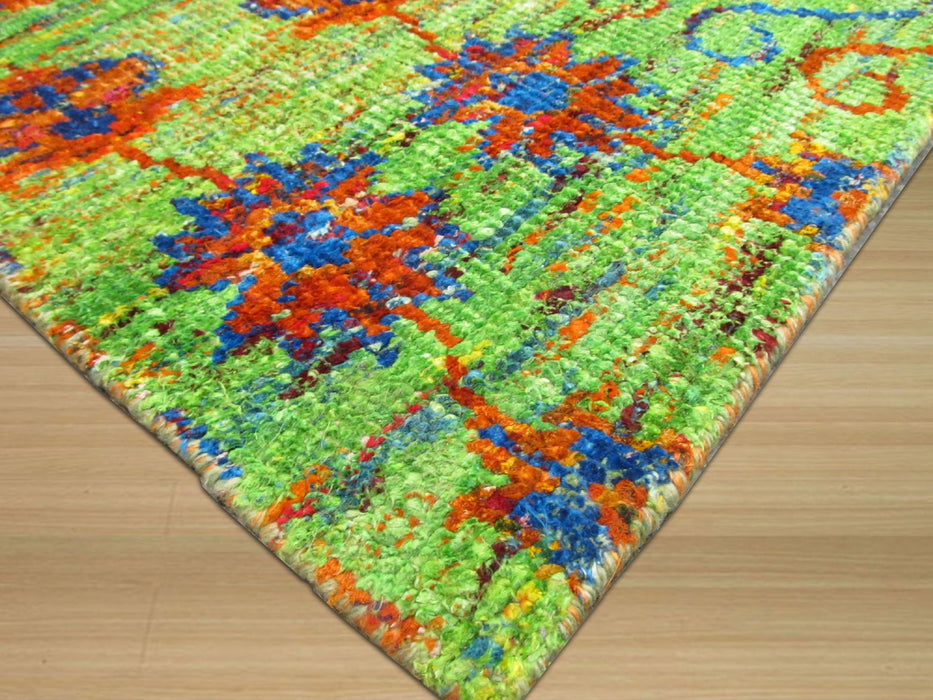 EORC Hand-knotted SARI-SILK Green Transitional Oriental Kotan Rug