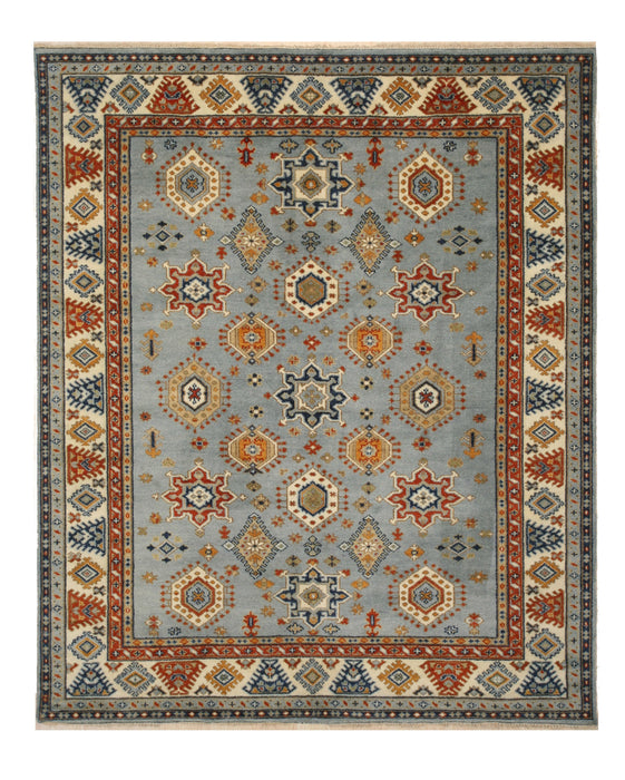 EORC Hand-knotted Wool Blue Traditional Geometric Kazak Rug