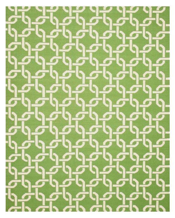 EORC Handwoven Wool Green Transitional Geometric Links Dhurrie Rug