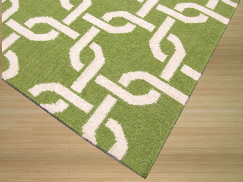 EORC Handwoven Wool Green Transitional Geometric Links Dhurrie Rug