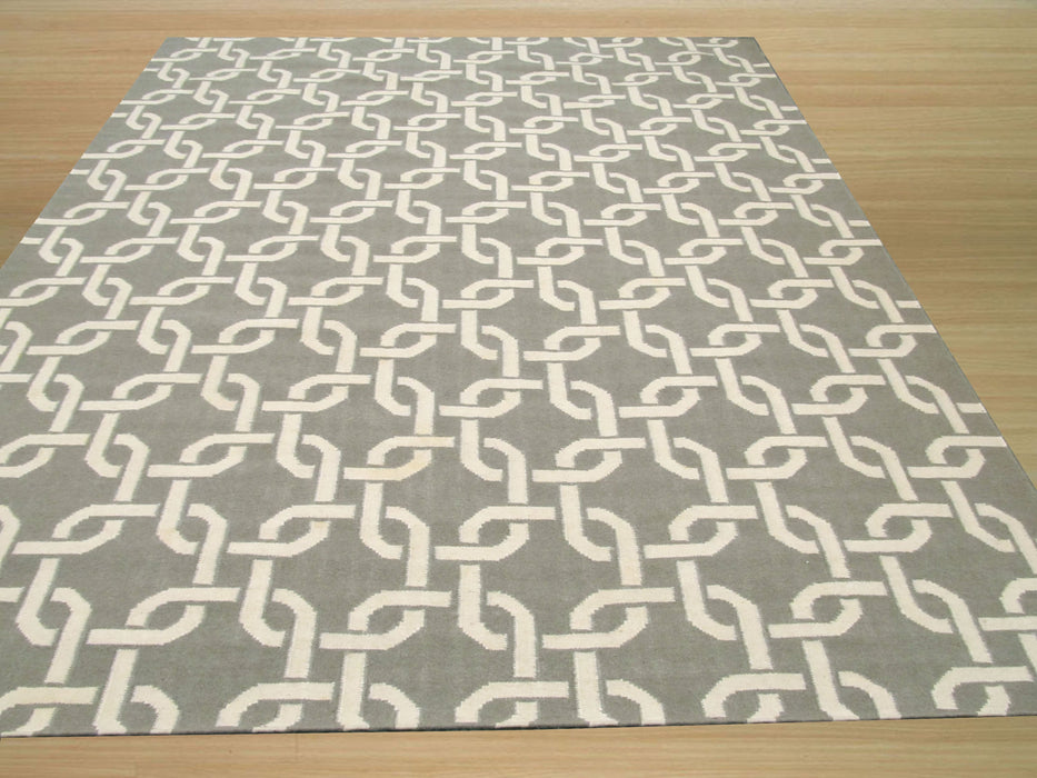 EORC Handwoven Wool Gray Transitional Geometric Links Dhurrie Rug