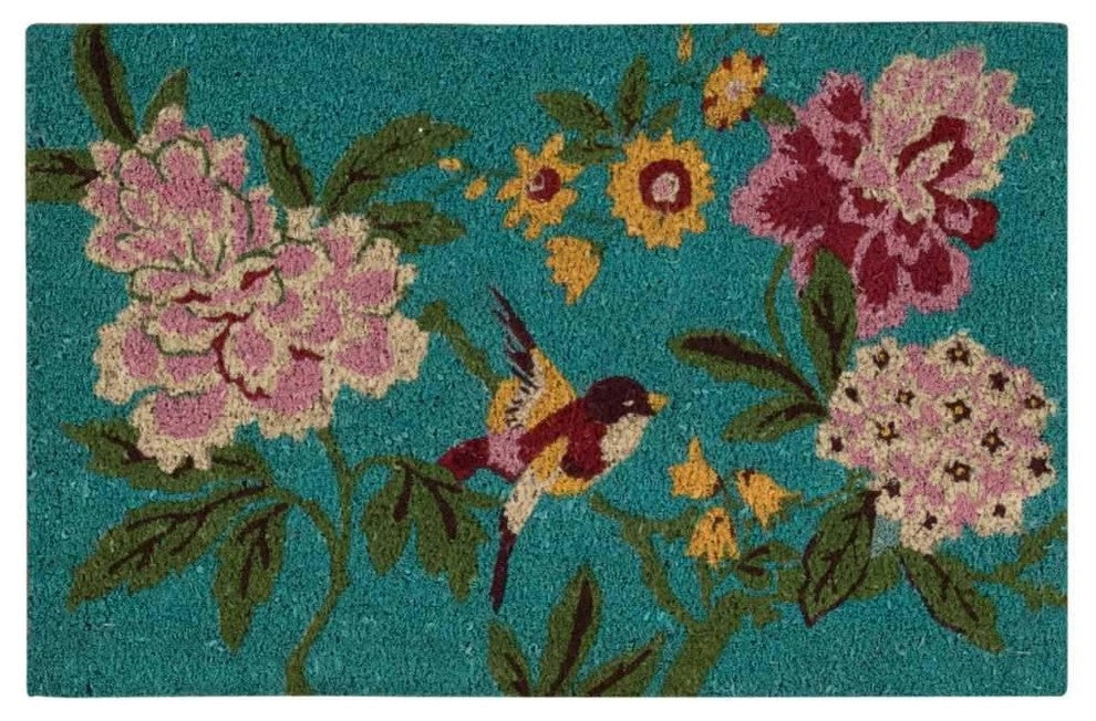 Waverly Greetings Floral Bird Aqua Doormat by Nourison, Rectangular 1'6"x2'4"